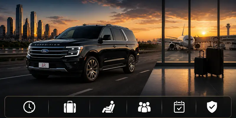 Luxury Ford Expedition private intercity transportation compared to flights, highlighting door-to-door travel, flexible schedules, family-friendly comfort, and reliable long-distance chauffeur service with Lavish Ride branding.